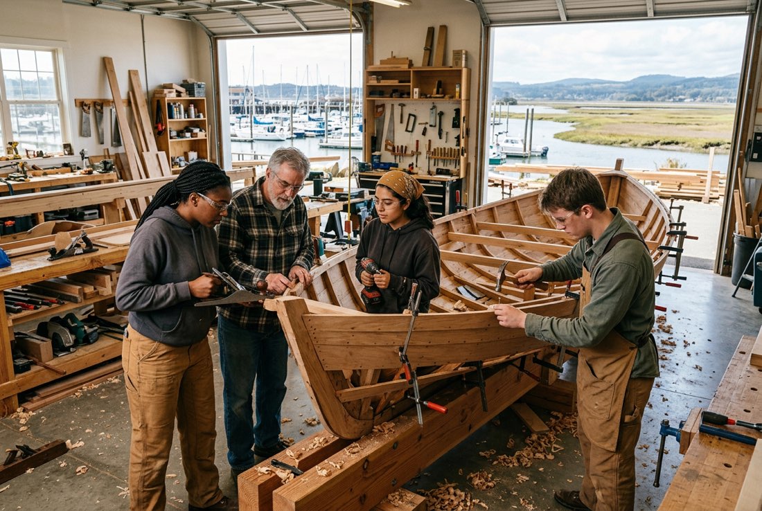 Students building a wooden boat hull in the waterfront marine lab