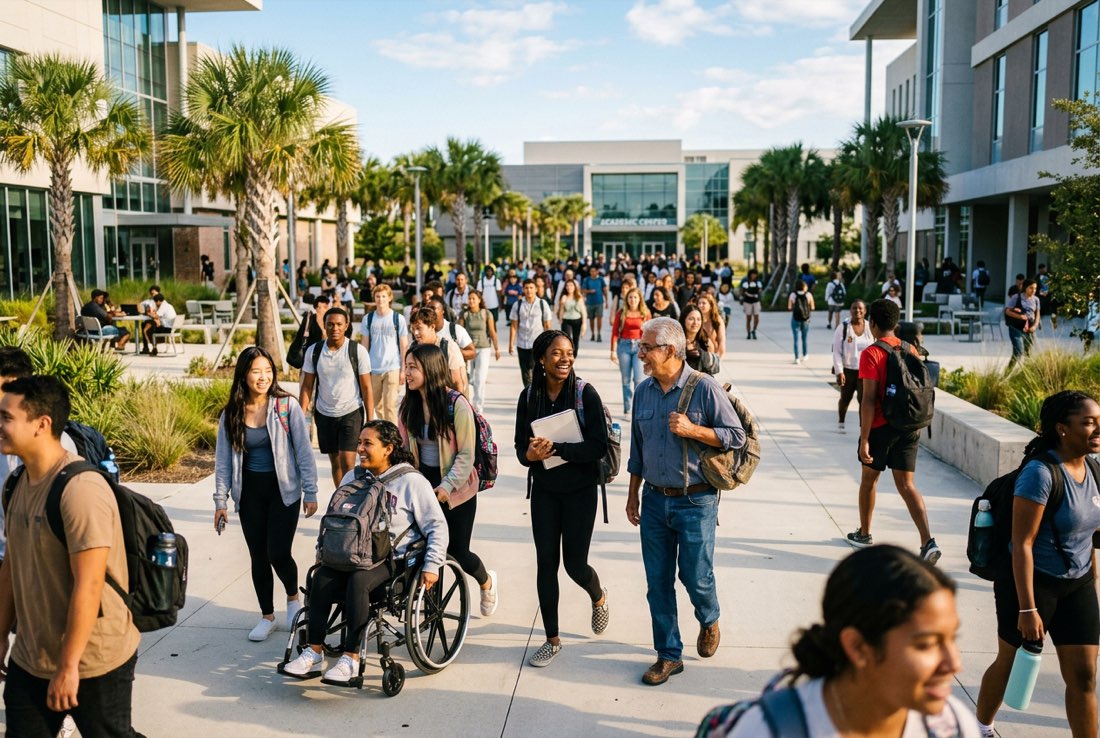A diverse crowd of students crossing the Ridgeview Campus plaza on the first day of fall semester