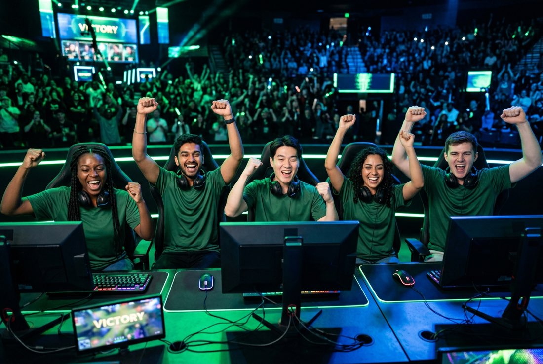 The Hawks esports team celebrating a win at their gaming stations