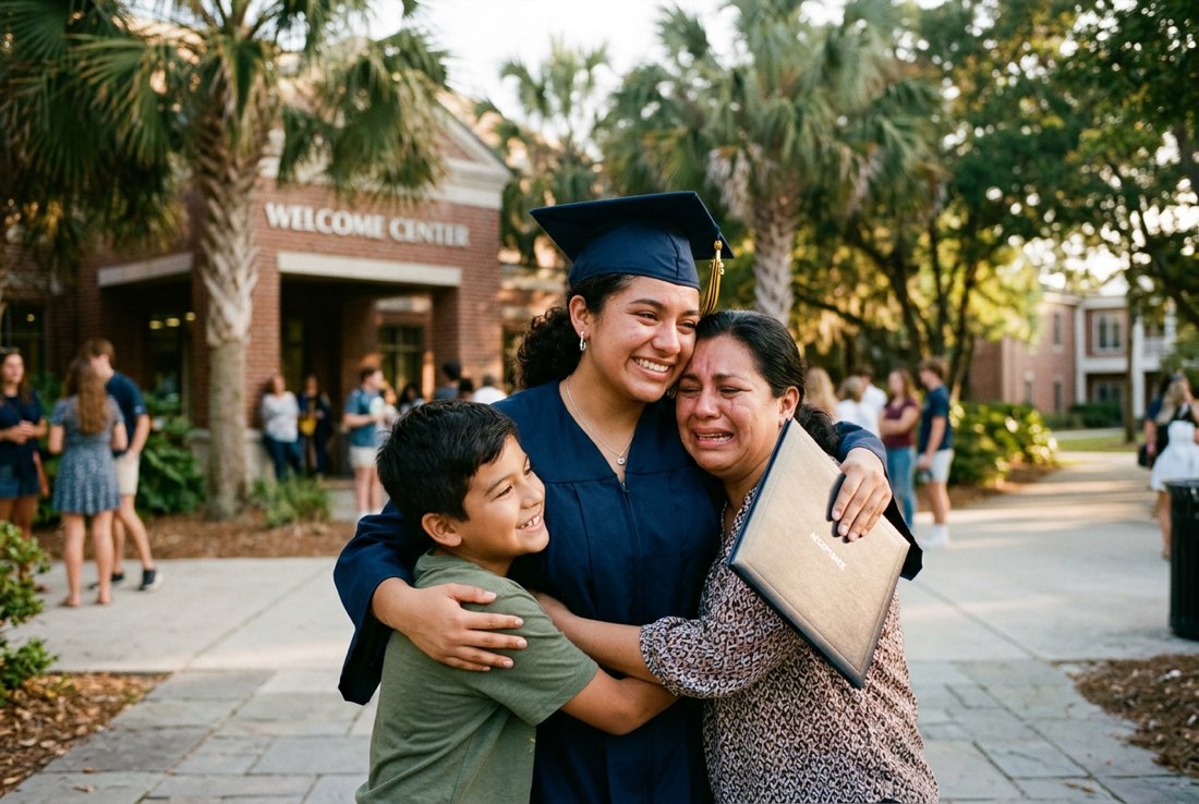 A new graduate hugging her mother and brother outside the Welcome Center