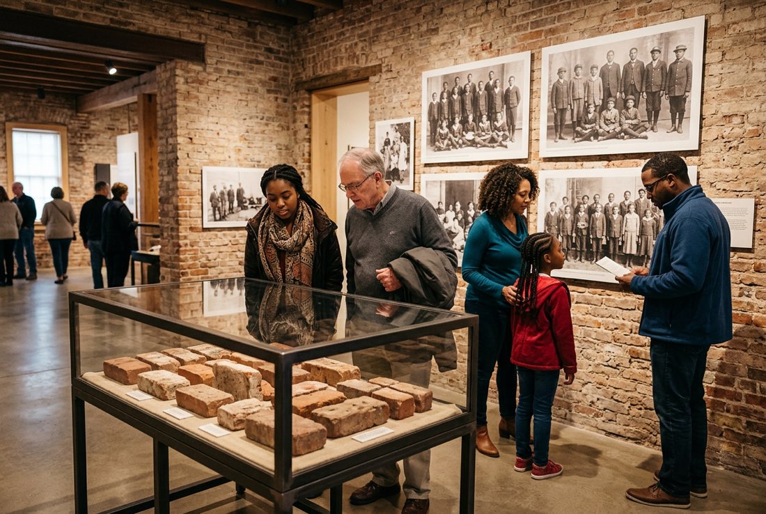 Visitors viewing handmade bricks and archival photographs in the Heritage Center