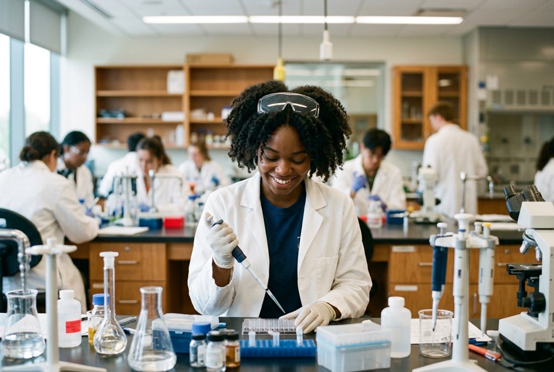 A biology student working with a pipette in a campus lab