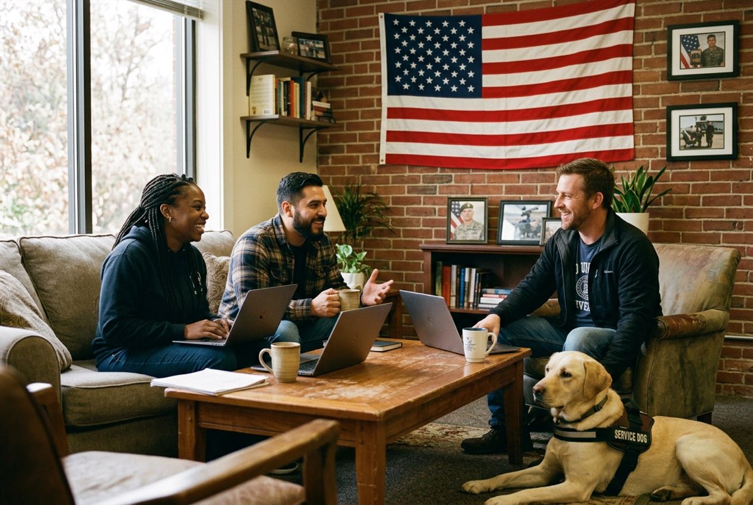 Student veterans talking in the Veterans & Military Success Center lounge