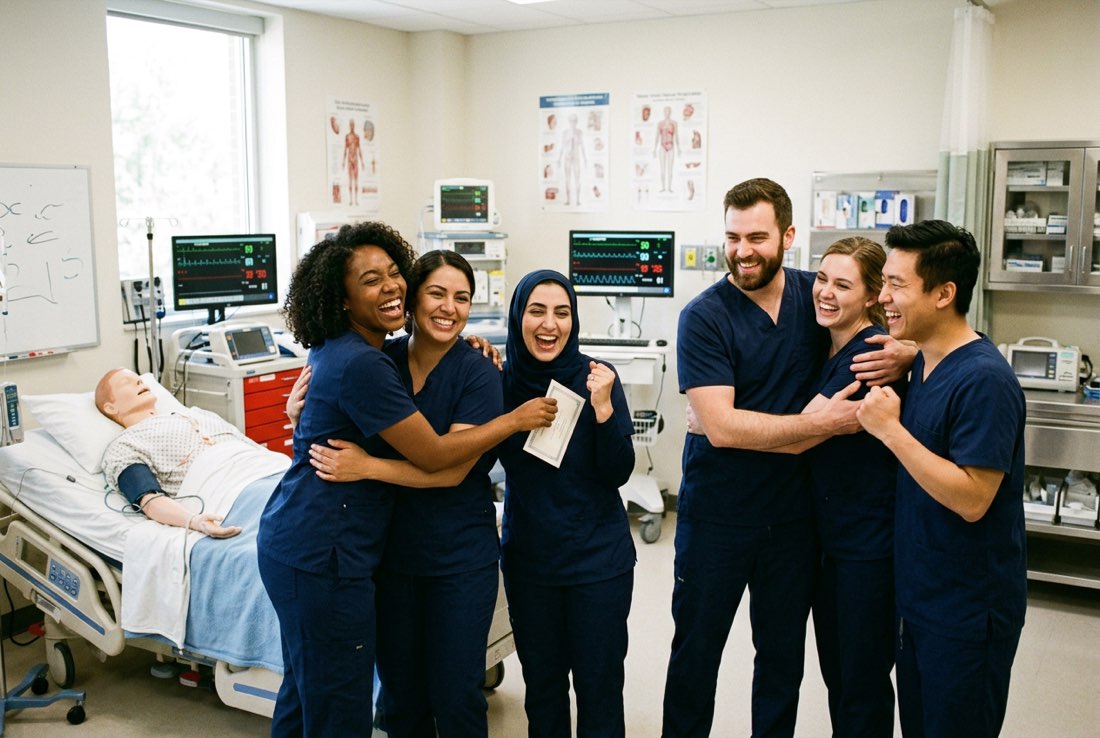 Nursing graduates in scrubs celebrating in the simulation lab