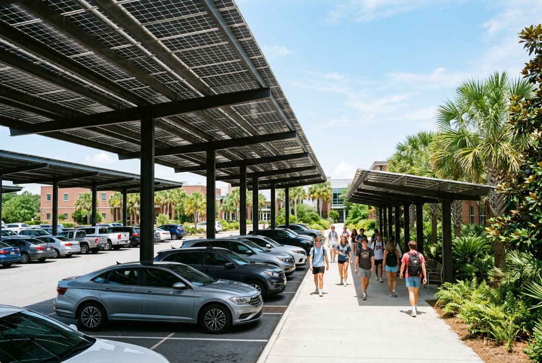Solar canopies shading a parking lot and walkway on the Ridgeview Campus