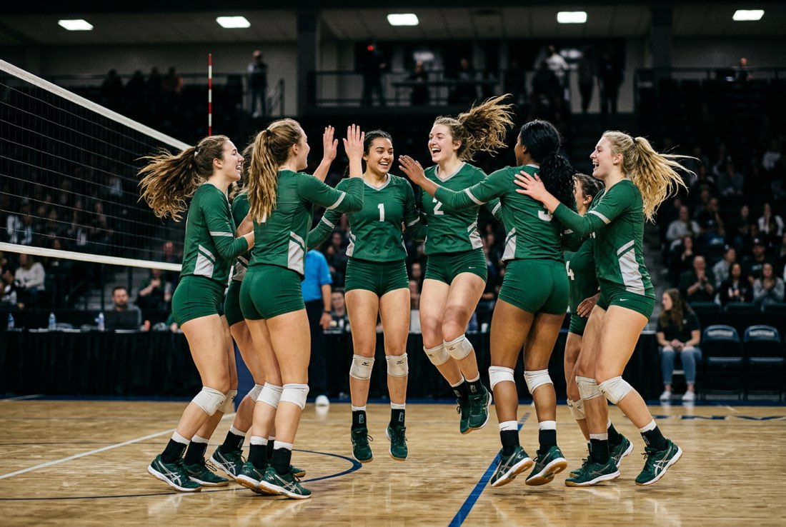 Hawks volleyball players celebrating a point together