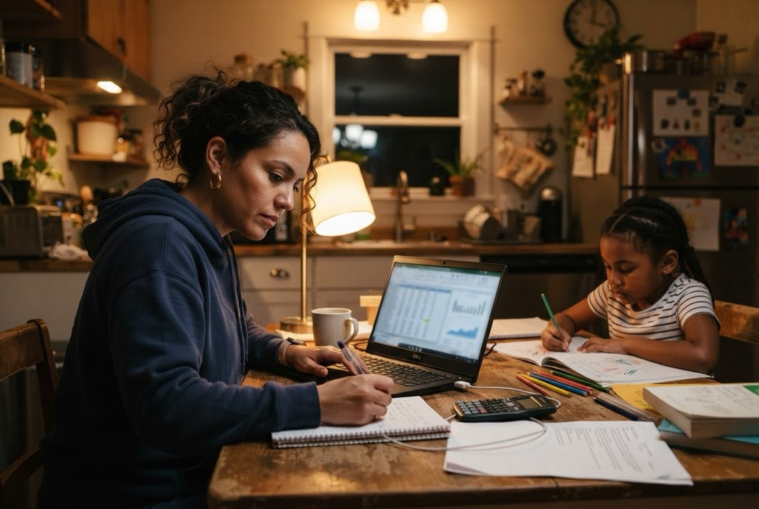 An adult accounting student studying online at her kitchen table beside her daughter