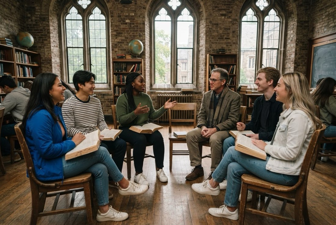 Students discussing a novel in a seminar with their professor