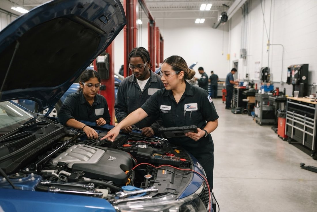 Automotive students diagnosing an engine in the college auto shop