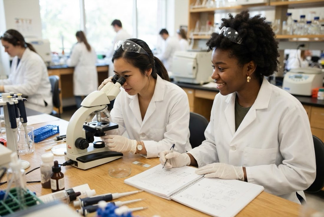 Biology students working at microscopes in the lab