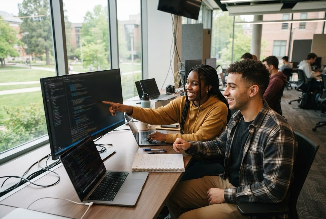 Two computer science students pair-programming in the STEM Center