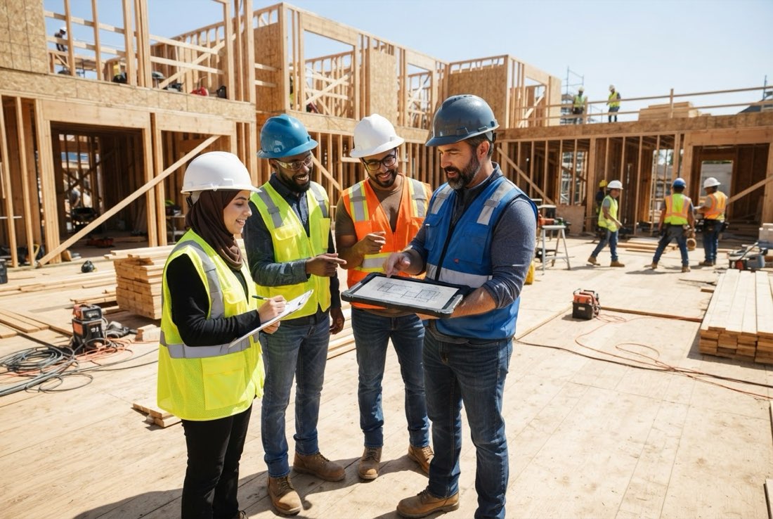 Construction management students reviewing plans on a job site