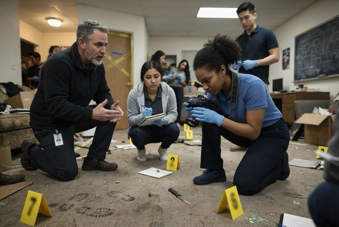 Criminal justice students marking evidence at a mock crime scene