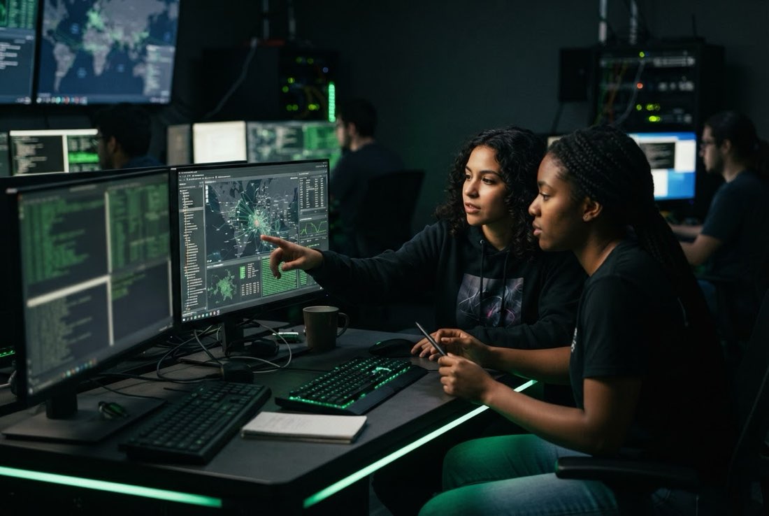 Cybersecurity students analyzing network activity in the security lab