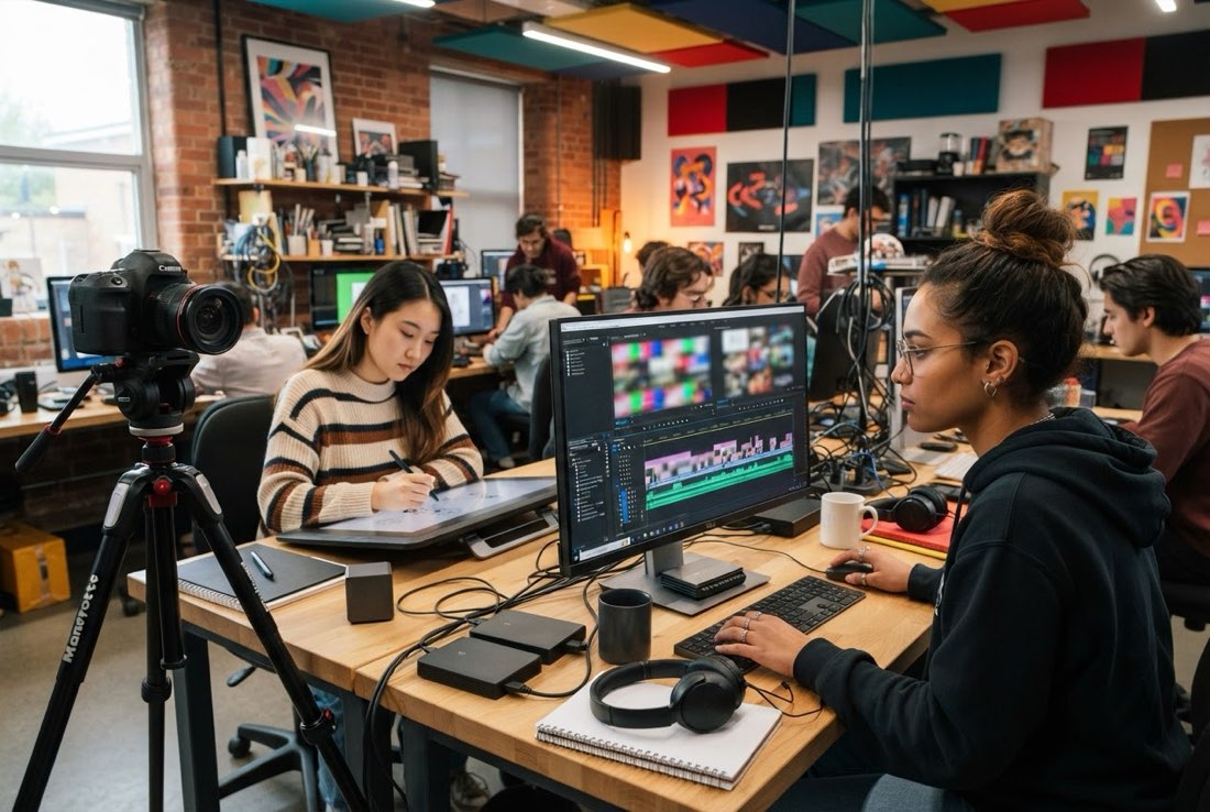Digital media students editing video and sketching in the creative lab