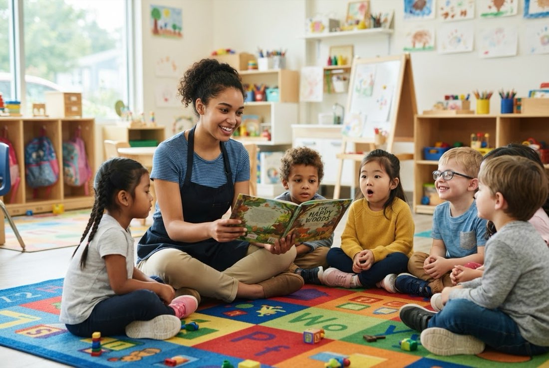 An early childhood education student reading to preschoolers