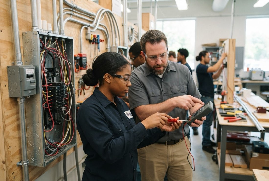 An electrical technology student wiring a panel with her instructor
