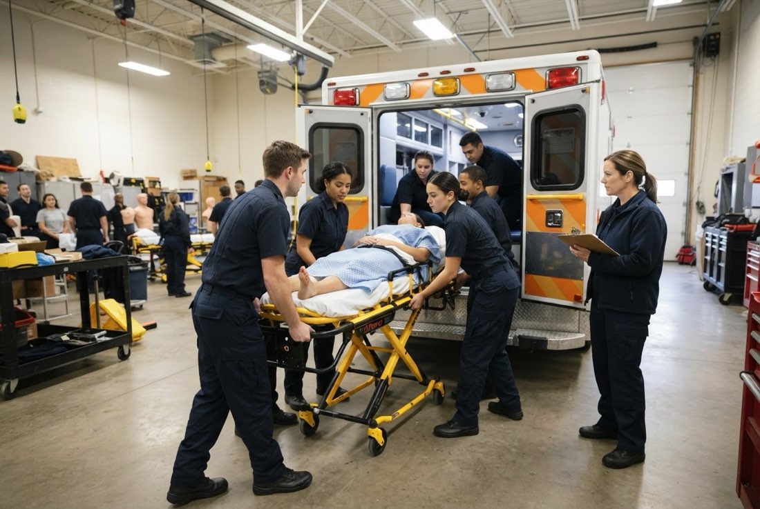 Paramedic students loading a training patient into an ambulance