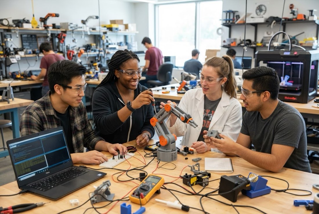 Engineering students testing a robotic arm in the makerspace