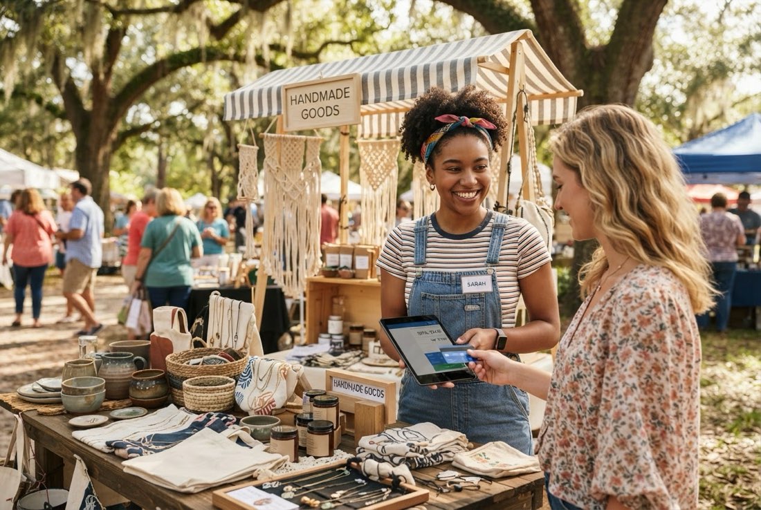 A student entrepreneur selling handmade goods at a weekend market