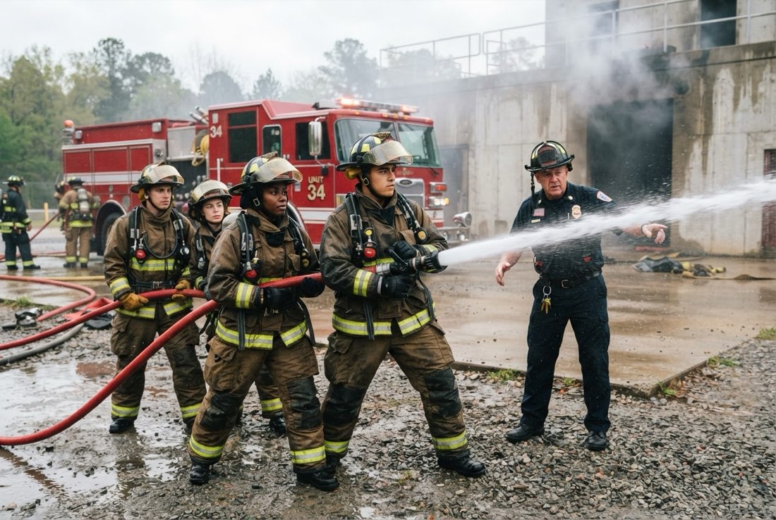 Fire science students training with a fire hose