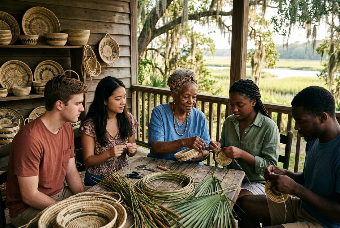 A Gullah Geechee elder teaching students sweetgrass basket weaving