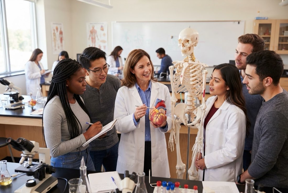 Students studying an anatomical skeleton and heart model with their professor