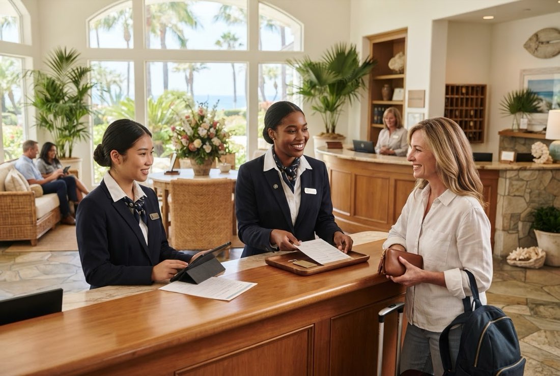 Hospitality students practicing guest check-in at a coastal hotel