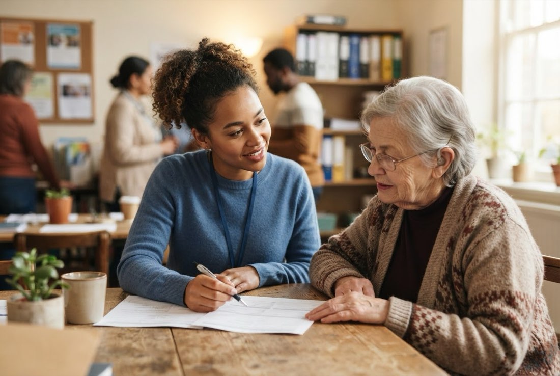 A human services intern helping an older client with paperwork