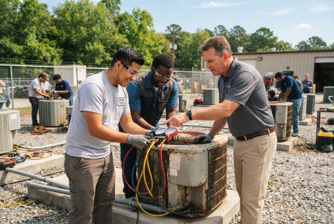 HVAC students servicing an outdoor air-conditioning unit
