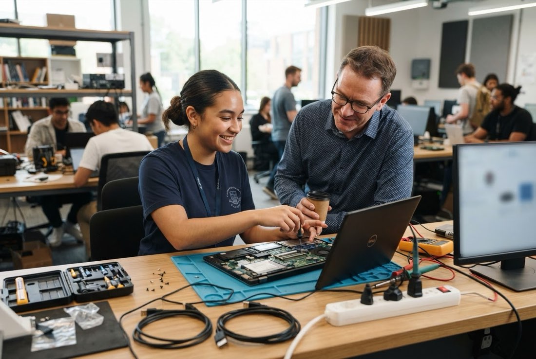 An IT support student repairing a laptop at the campus help desk