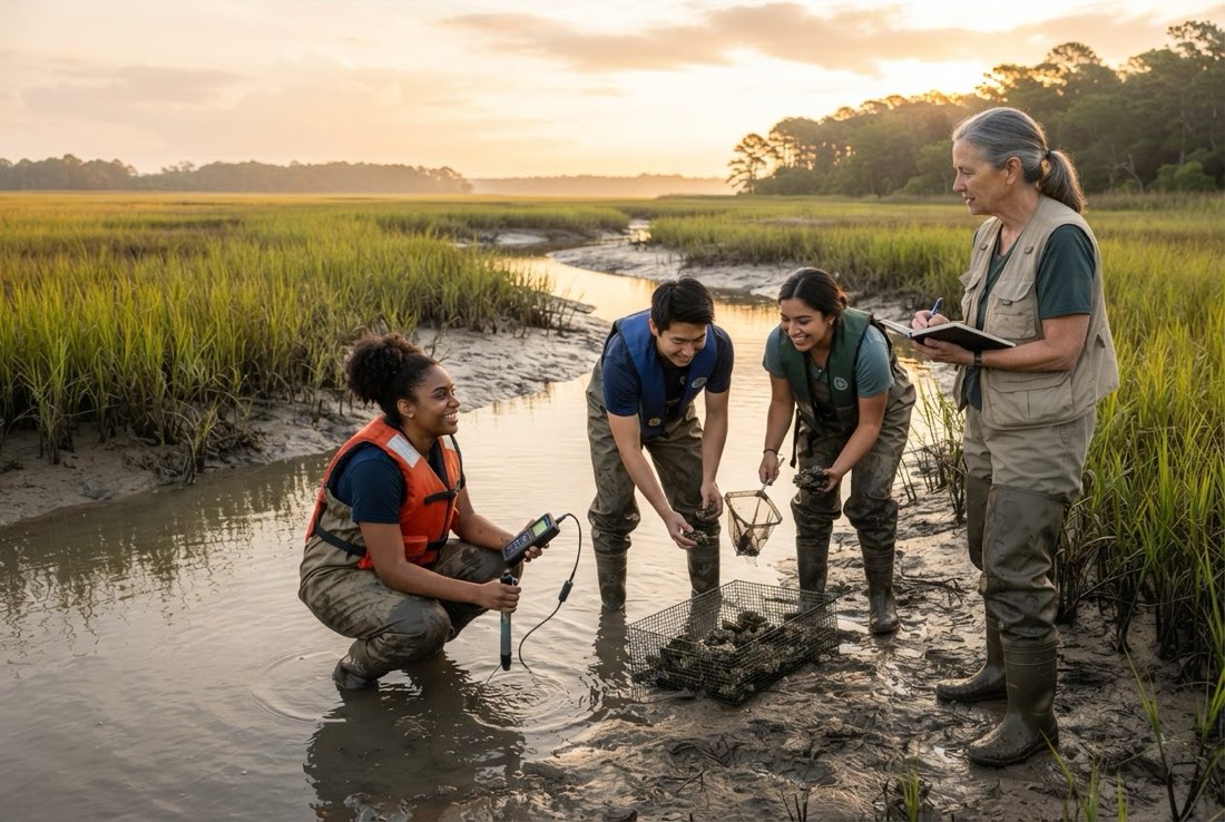 Marine science students sampling water in a salt marsh tidal creek