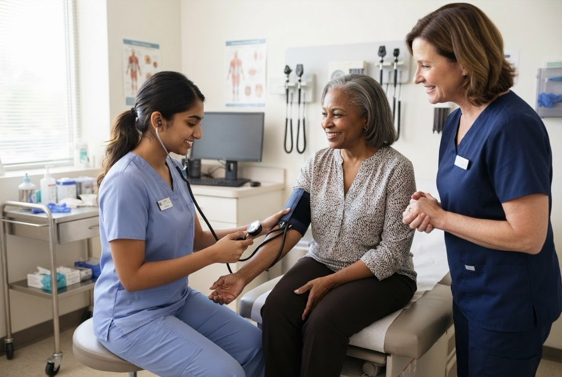 A medical assisting student taking a patient’s blood pressure
