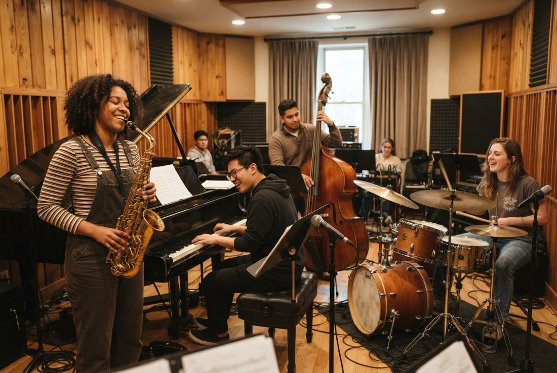 Music students rehearsing in the jazz ensemble room
