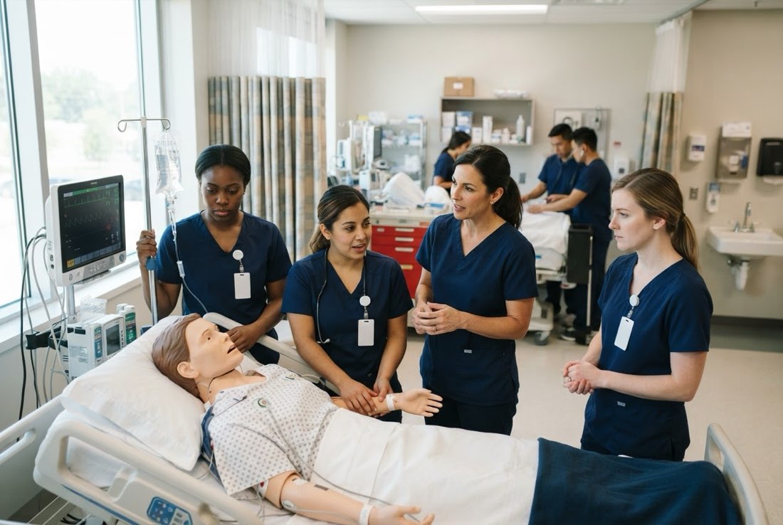 Nursing students practicing patient care in the simulation lab