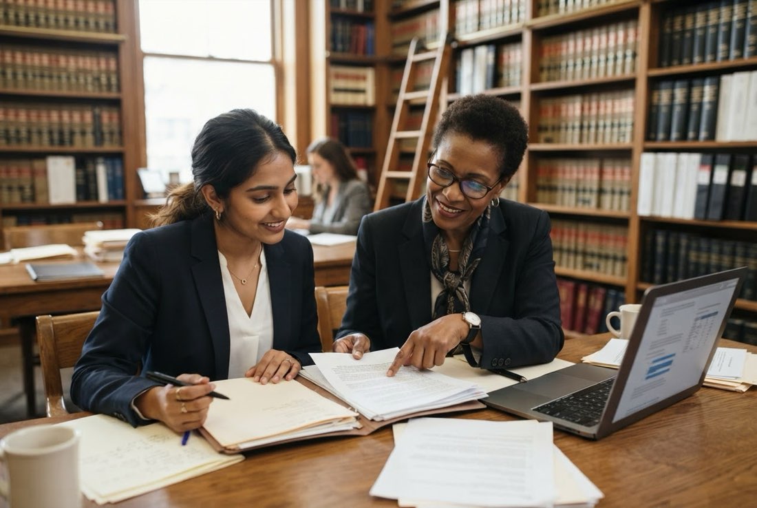 A paralegal student researching case files with an attorney mentor