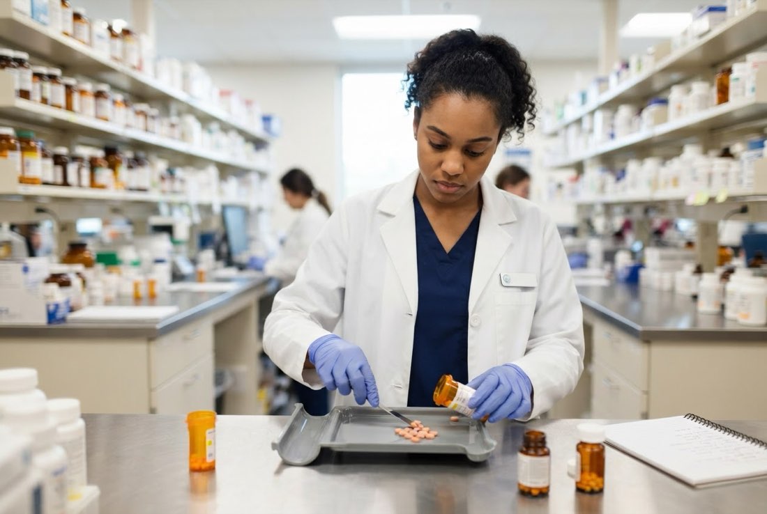 A pharmacy technician student counting medication in the training pharmacy