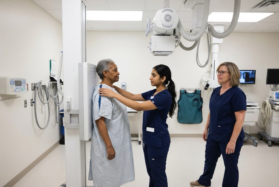 A radiologic technology student positioning a patient for an X-ray