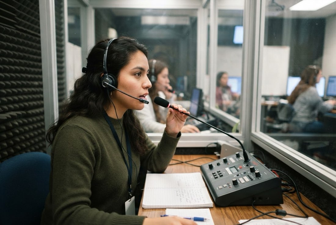 An interpretation student practicing in a language lab booth