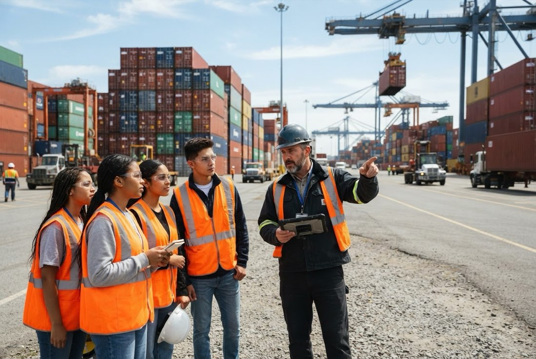 Logistics students touring a shipping container port with a mentor