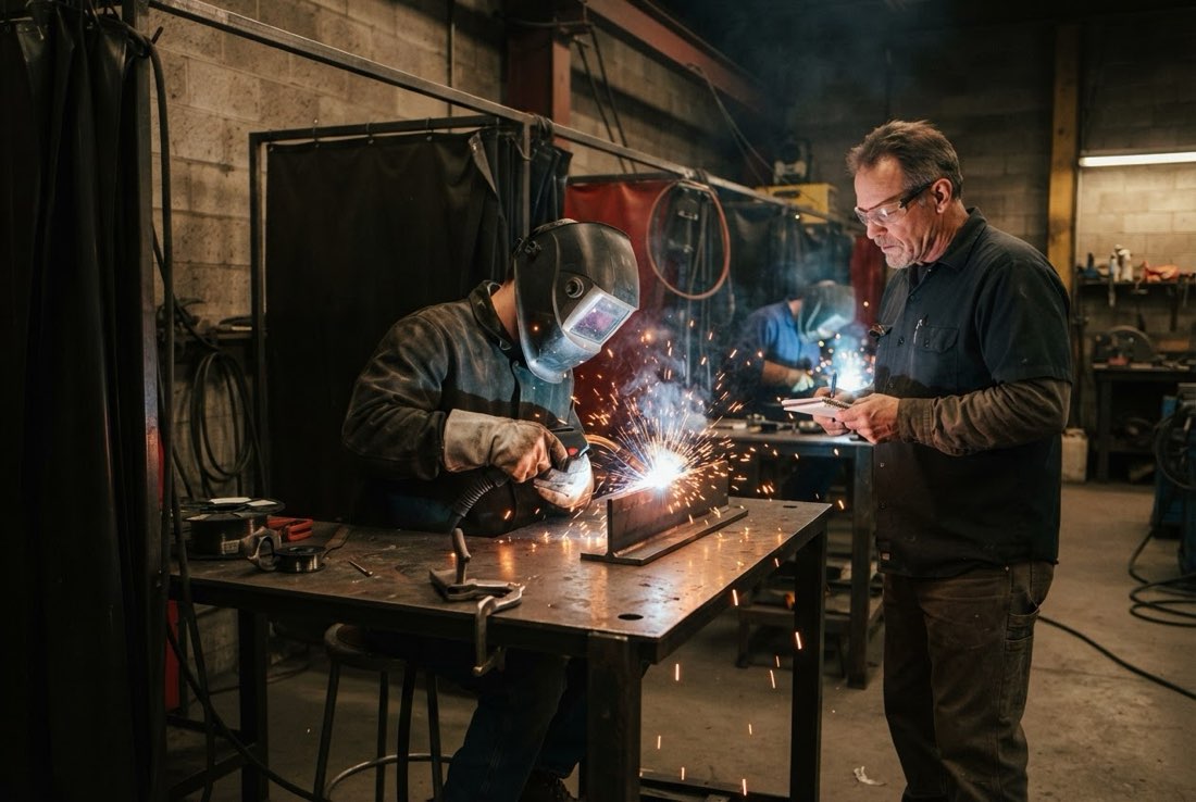 A welding student welding a steel joint as sparks fly
