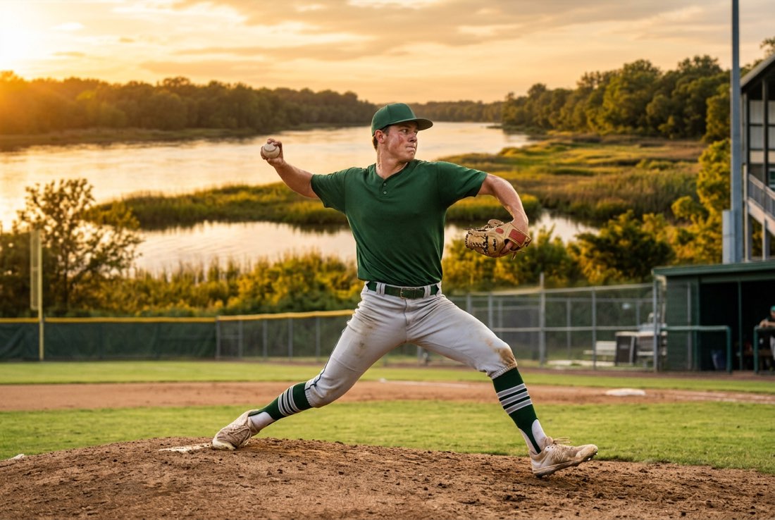 A Hawks pitcher delivering a pitch at the riverside ballpark