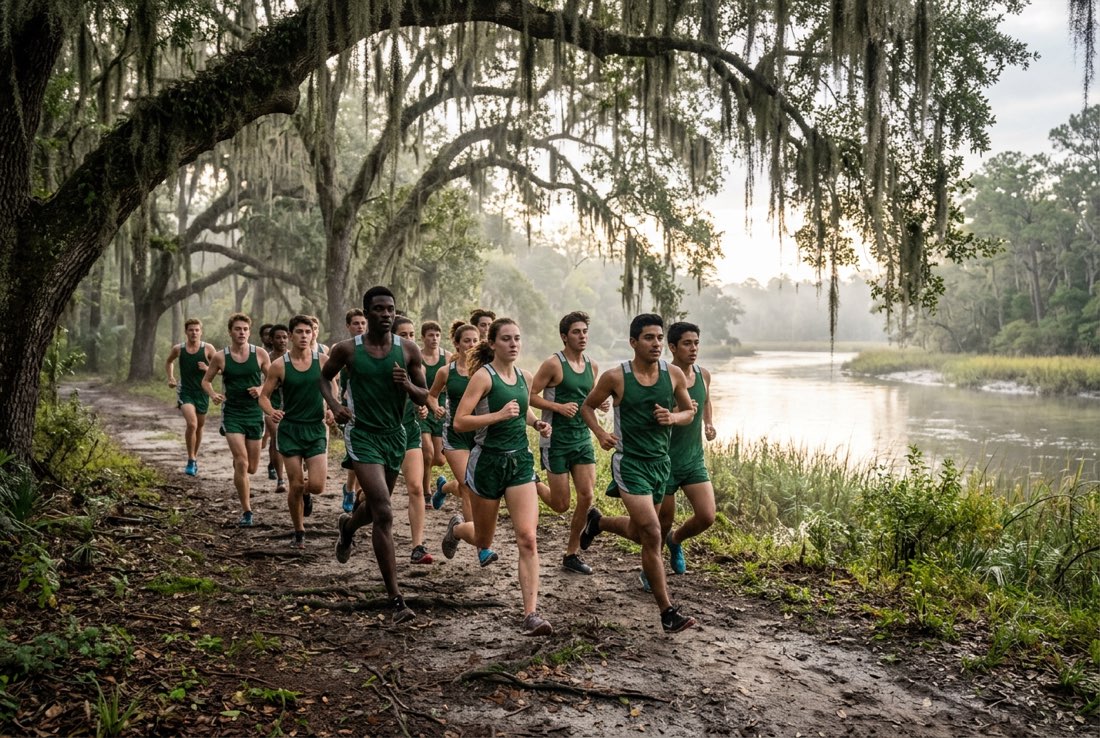 Hawks cross country runners on a trail under live oaks by the river