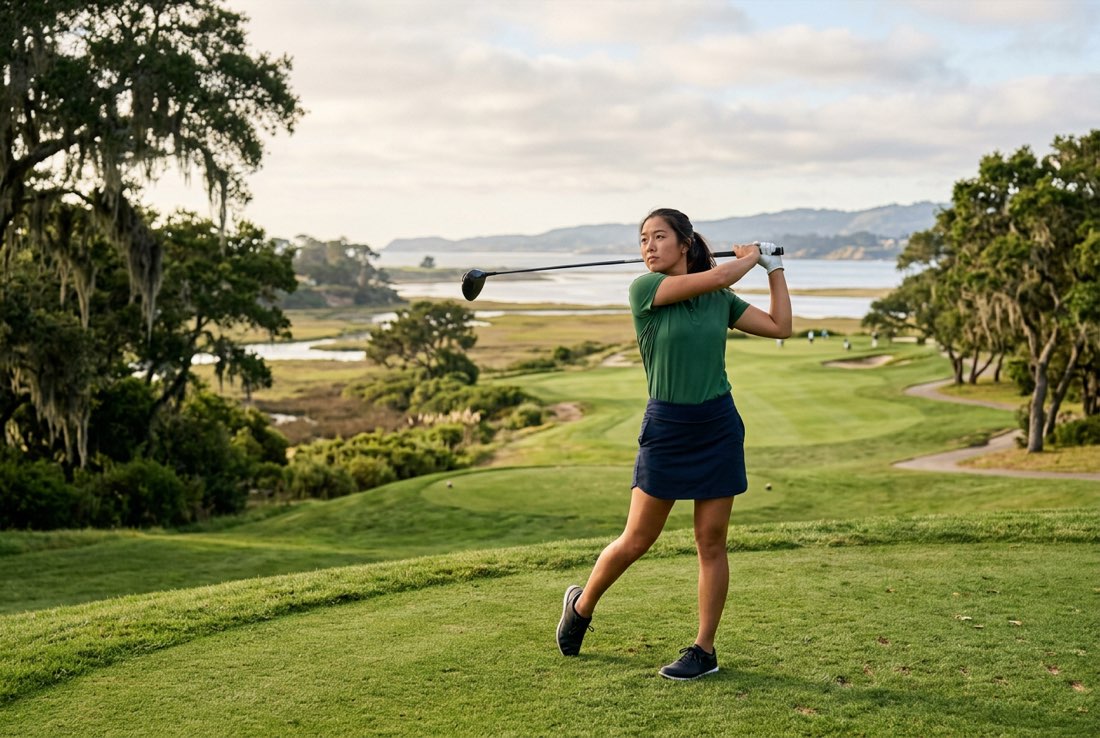 A Hawks golfer finishing her swing on a coastal course