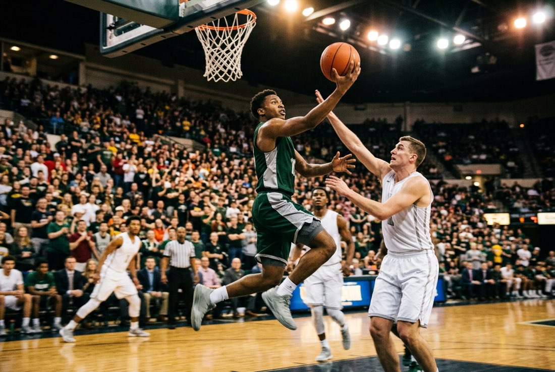 A Hawks men’s basketball player driving to the basket