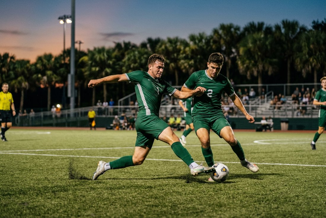 Hawks men’s soccer players battling for the ball at dusk