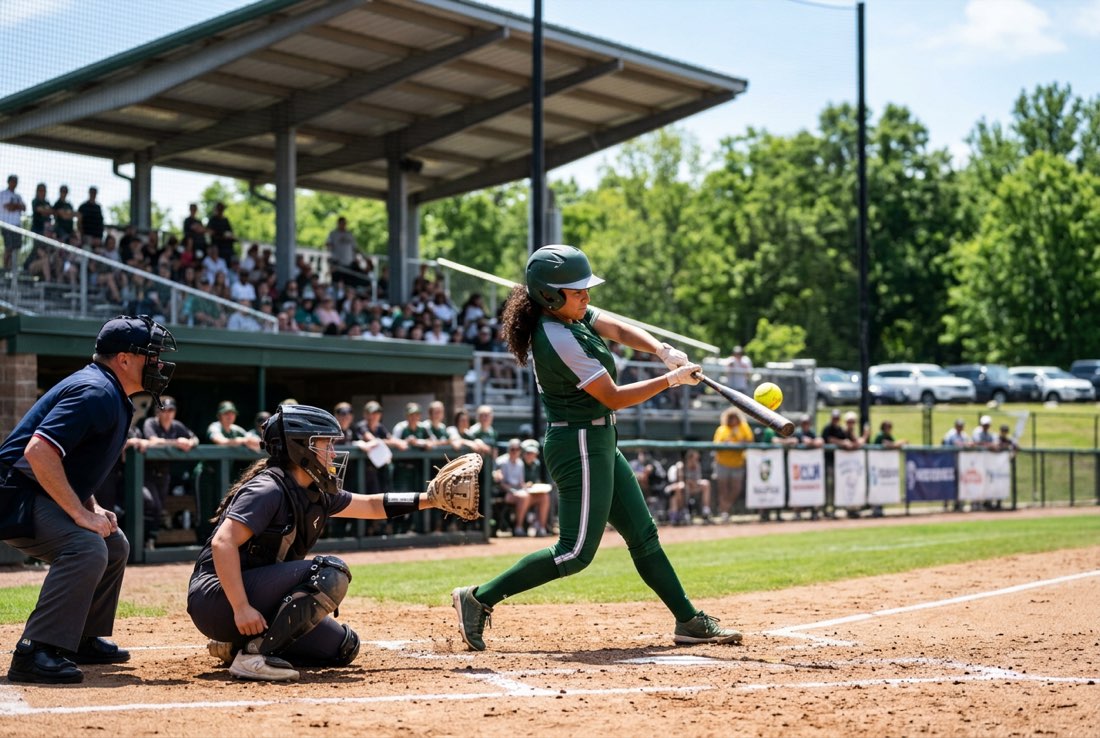A Hawks softball batter making contact