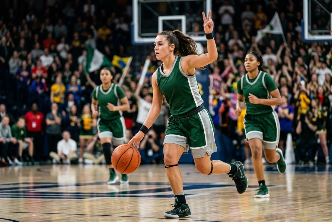 A Hawks women’s basketball guard bringing the ball up the court
