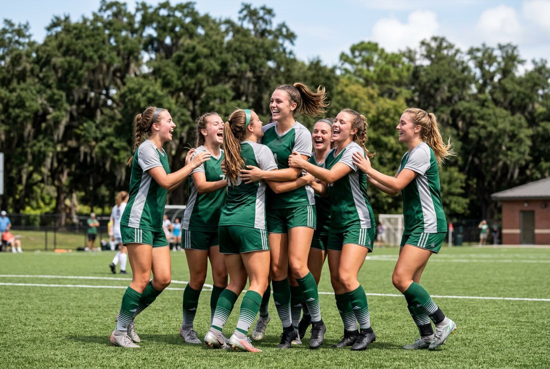 Hawks women’s soccer players celebrating a goal