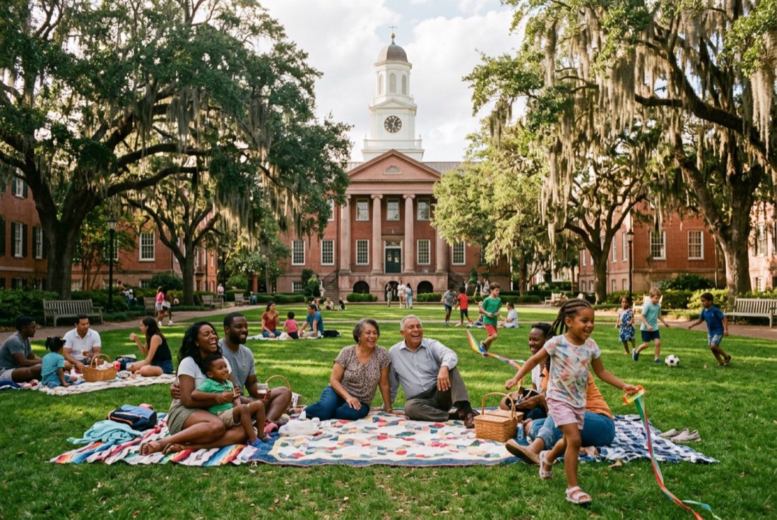 Families enjoying a picnic on the Old Main Quad